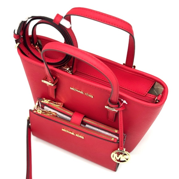 Michael Kors Jet Set Travel Extra-Small Top Zip Tote Bag & Double Zip Wallet Red - Picture 9 of 12